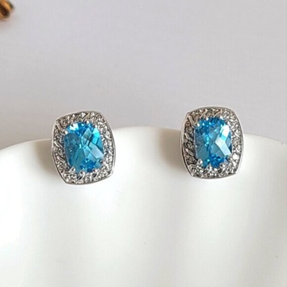 Vintage 14K White Gold Diamond Blue Topaz Square Cushion Cut Halo Stud Earrings - Picture 2 of 12